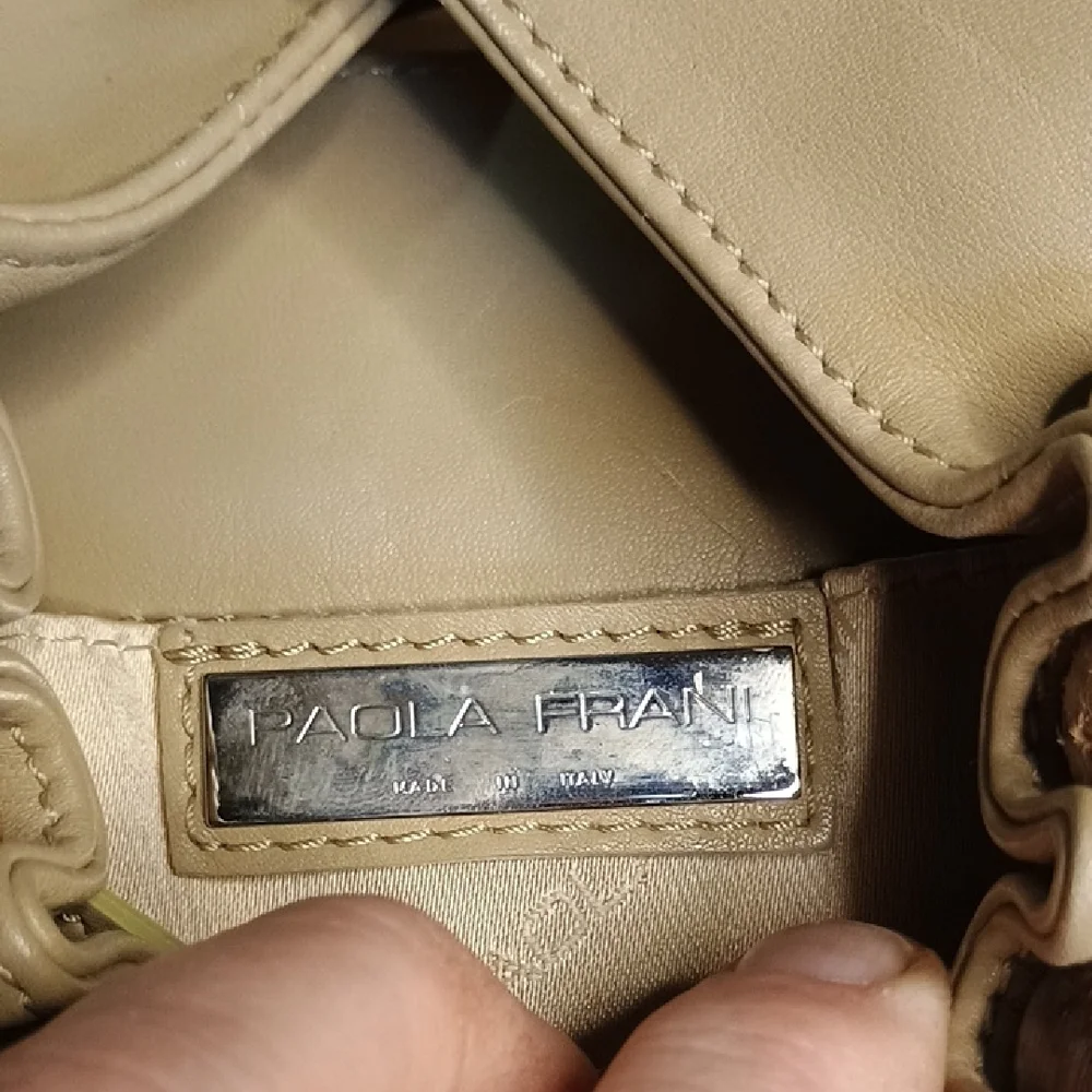 Paola Frani Tan Women's Bag with Wooden Accents